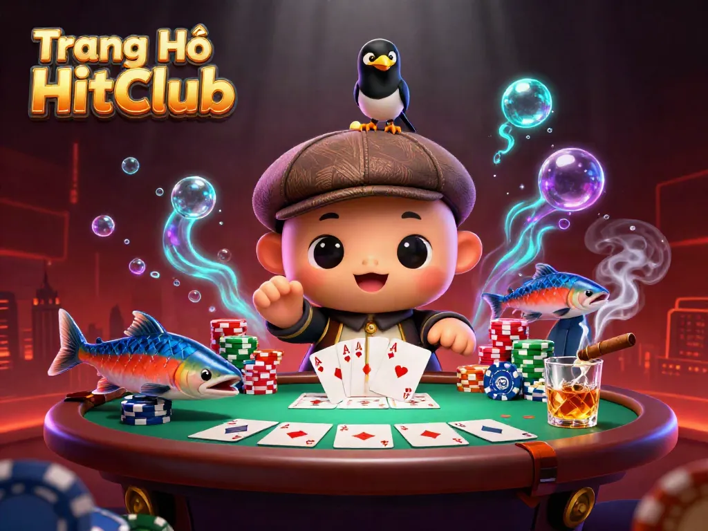 Engage with Trang Chủ HitClub as baby Nessie plays with friends at a vibrant poker table with dynamic atmosphere.