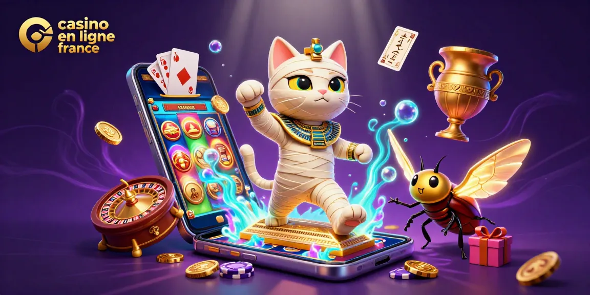 Casino en ligne France : magnifiquement illustré avec un chat momie et des éléments de jeu captivants.