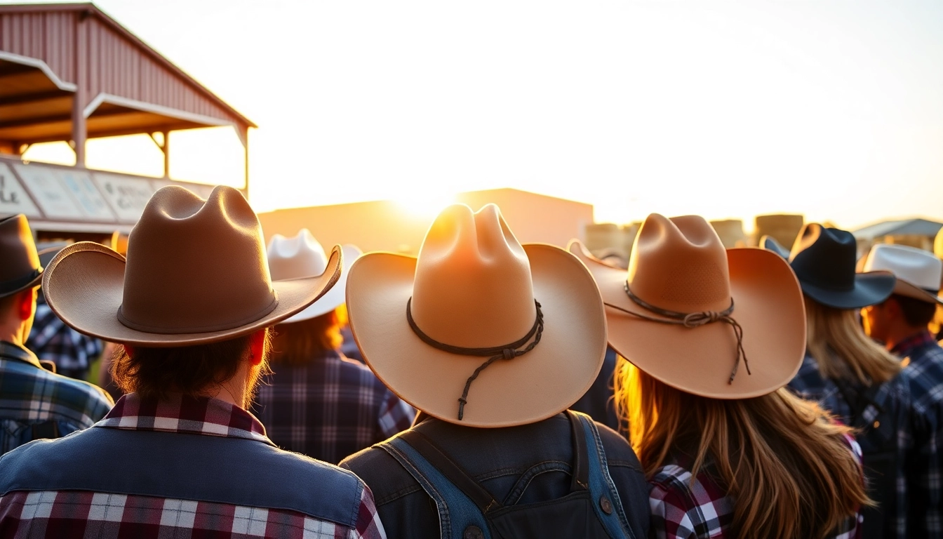 People showcasing different Cowboy Hats in a lively outdoor rodeo setting.