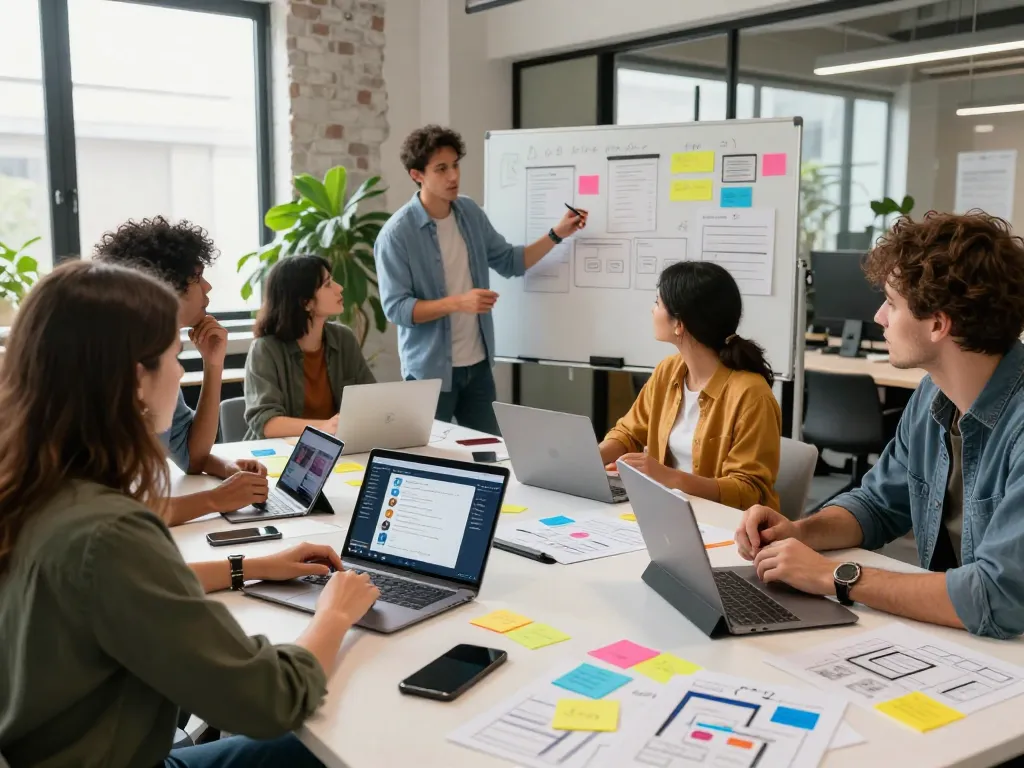 Team collaborating in a tech startup, showcasing image to prompt ai application, vibrant workspace, and creativity.