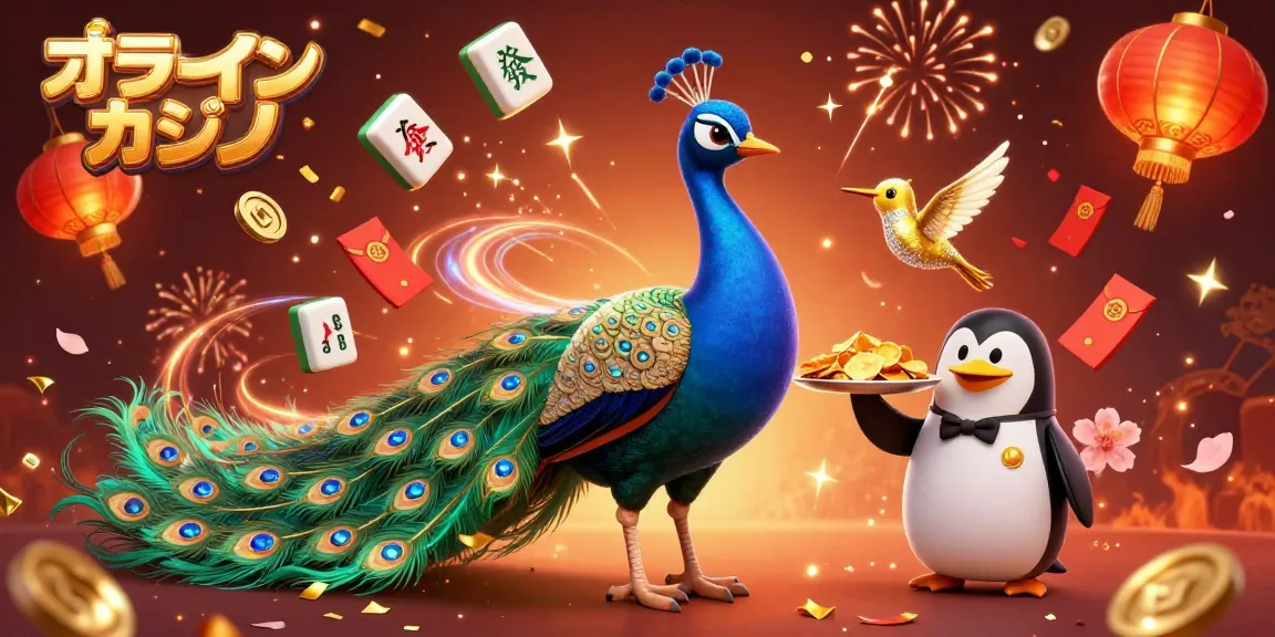 オンラインカジノの魅力を表現した3Dイラスト。宝石の羽を持つ孔雀と運営するペンギンが豪華さを演出。