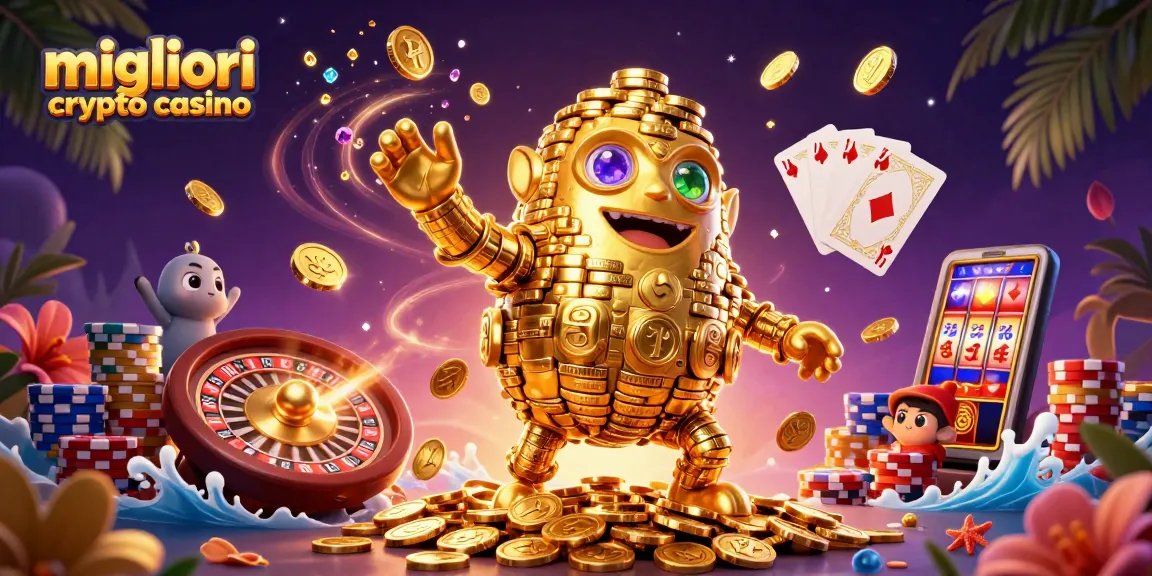 Gioca nei migliori crypto casino con il golem d'oro che si muove tra simboli di slot e gemme preziose.