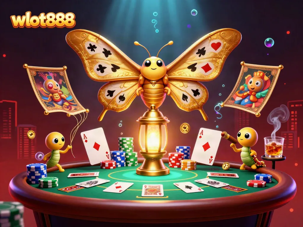 Gambarkan keseruan bermain wslot888 dengan kupu-kupu kartun 3D di kasino yang megah.