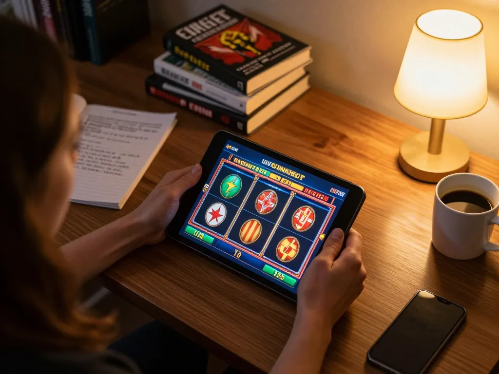 Engaging in situs slot bet 200 online gaming with betting options displayed on a tablet in a cozy home setup.