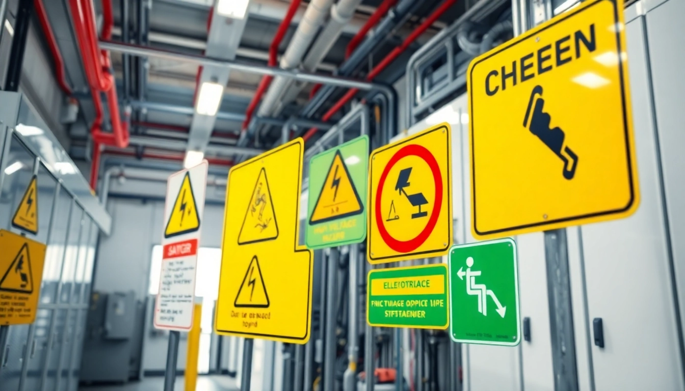 Prominent electrical signs warning about high voltage hazards in an industrial setting