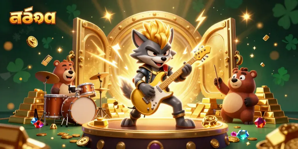 Experience exciting สล็อต gaming action with vibrant cartoon characters and dazzling treasures in a casino.