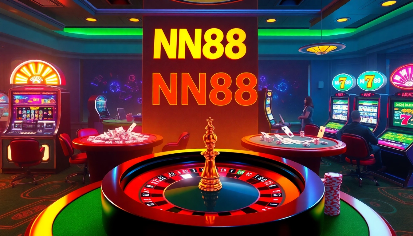 Exciting gambling scene at NN88 featuring vibrant slot machines and poker action.