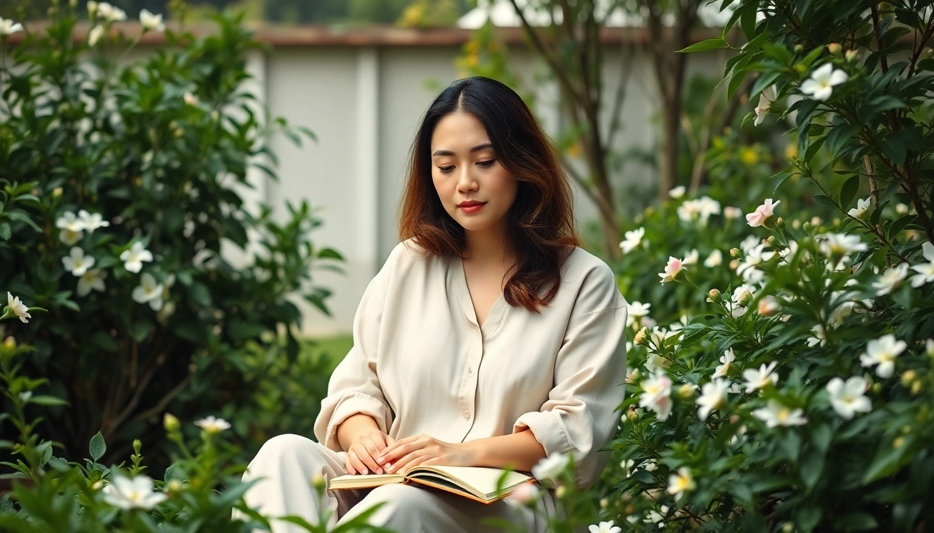 Person reflecting on depression symptoms in a tranquil garden setting with soft natural light.