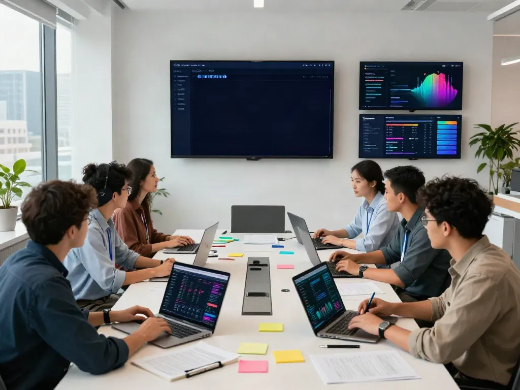 Team collaborating in a modern workspace with a dataset search tool for AI training.