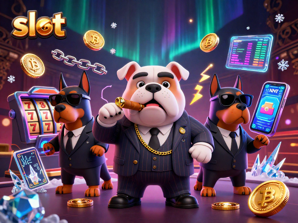 Mainkan slot dengan bergaya bersama bos mafia bulldog dan pengawalnya di kasino.
