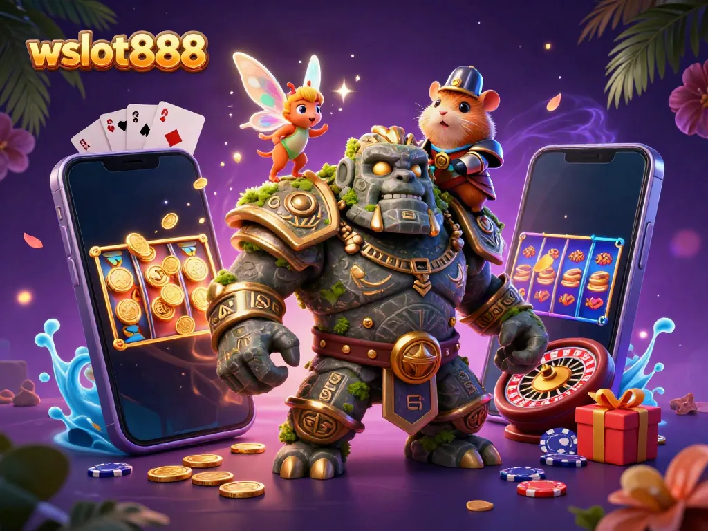 Gambarkan pengalaman jackpot menarik di wslot888 dengan karakter ajaib dan elemen permainan.