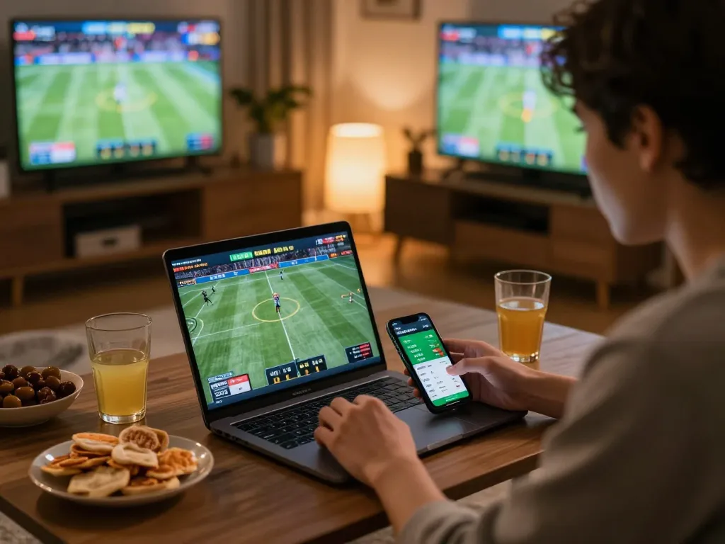 Placing bets on slot777 at home with engaged player analyzing odds on laptop.