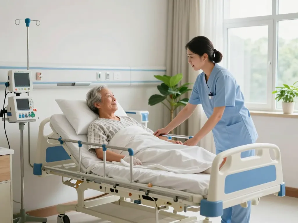 giường bệnh nhân in a comforting healthcare setting with nurse and patient interaction.