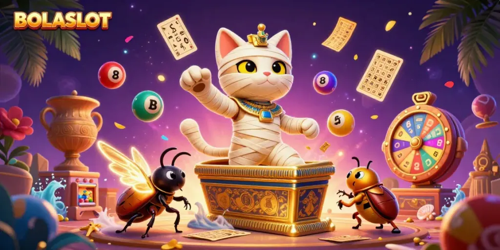 BOLASLOT features an exciting 3D cartoon mummy cat character in a vibrant pyramid casino surrounded by dynamic lottery elements and glowing treasures.