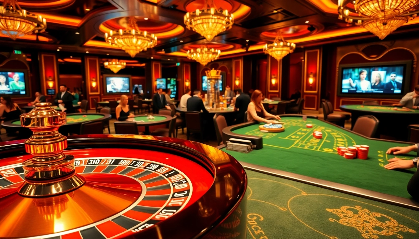 Experience thrilling casino games at layarkaca21 amidst luxurious decor featuring roulette tables and vibrant poker chips.