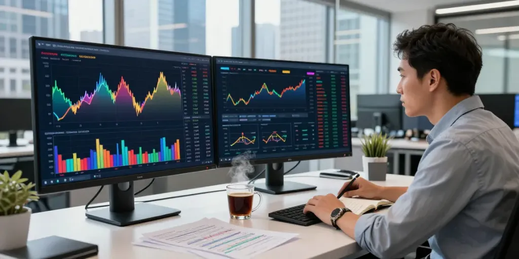 Professional analyzing market data on FintechZoom.com in a modern office environment.