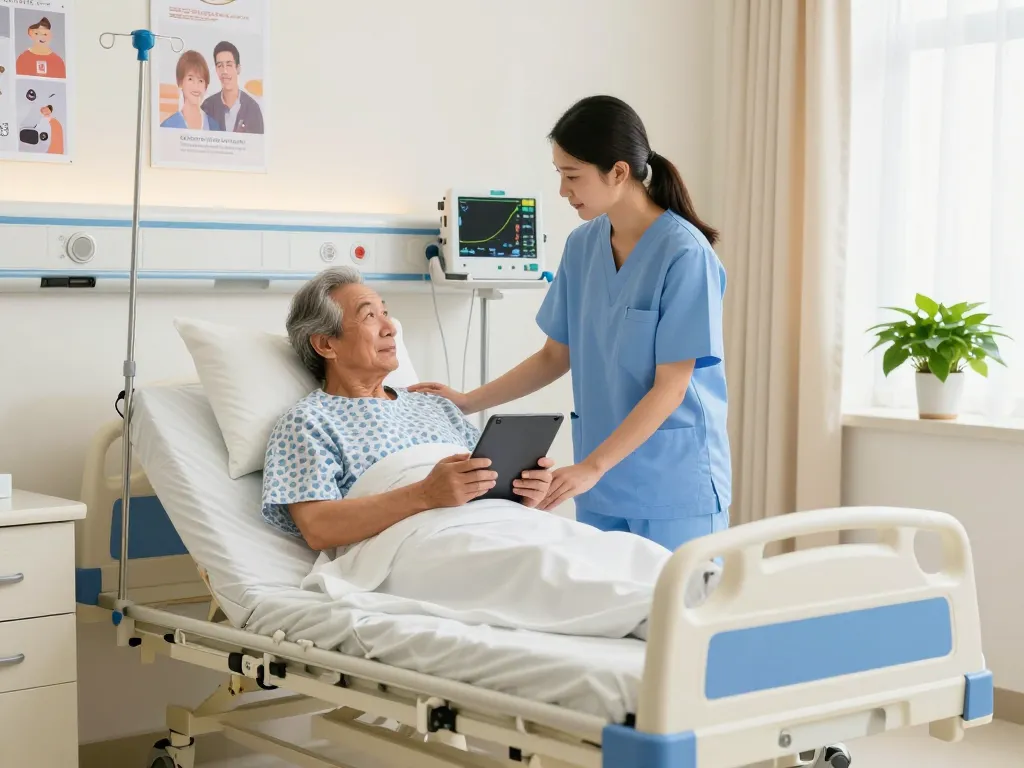 Caregiver adjusting a giường bệnh nhân for an elderly patient in a bright hospital room.