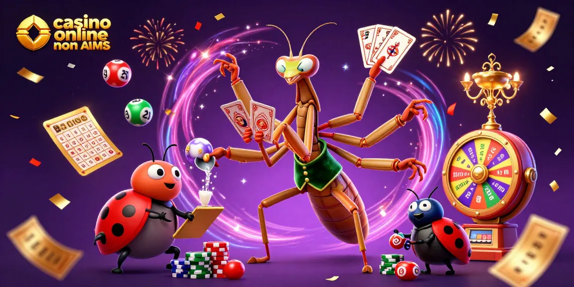 Gioca nei migliori casino online non AAMS con un mantide e una coccinella, circondati da palline colorate e premi.