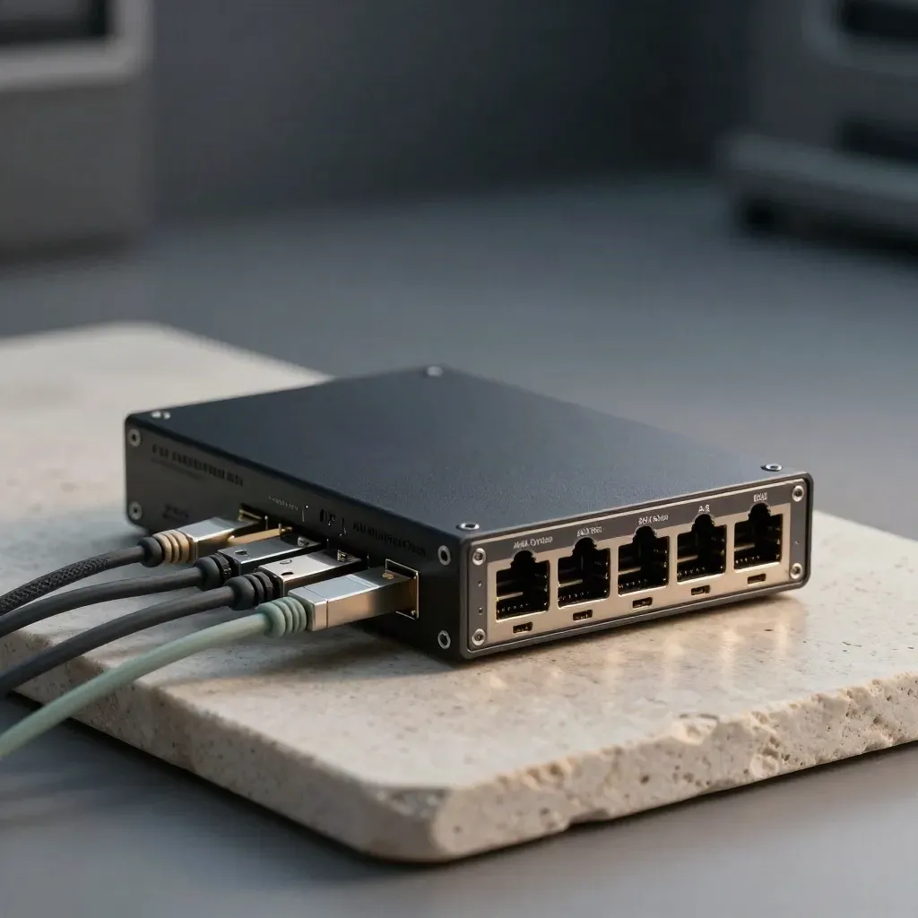 Matte-black security appliance with keys and fiber leads on pale stone in moody studio light.