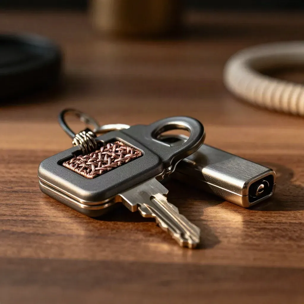 Macro still life of server key case, braided patch lead and metal thumb drive on walnut.