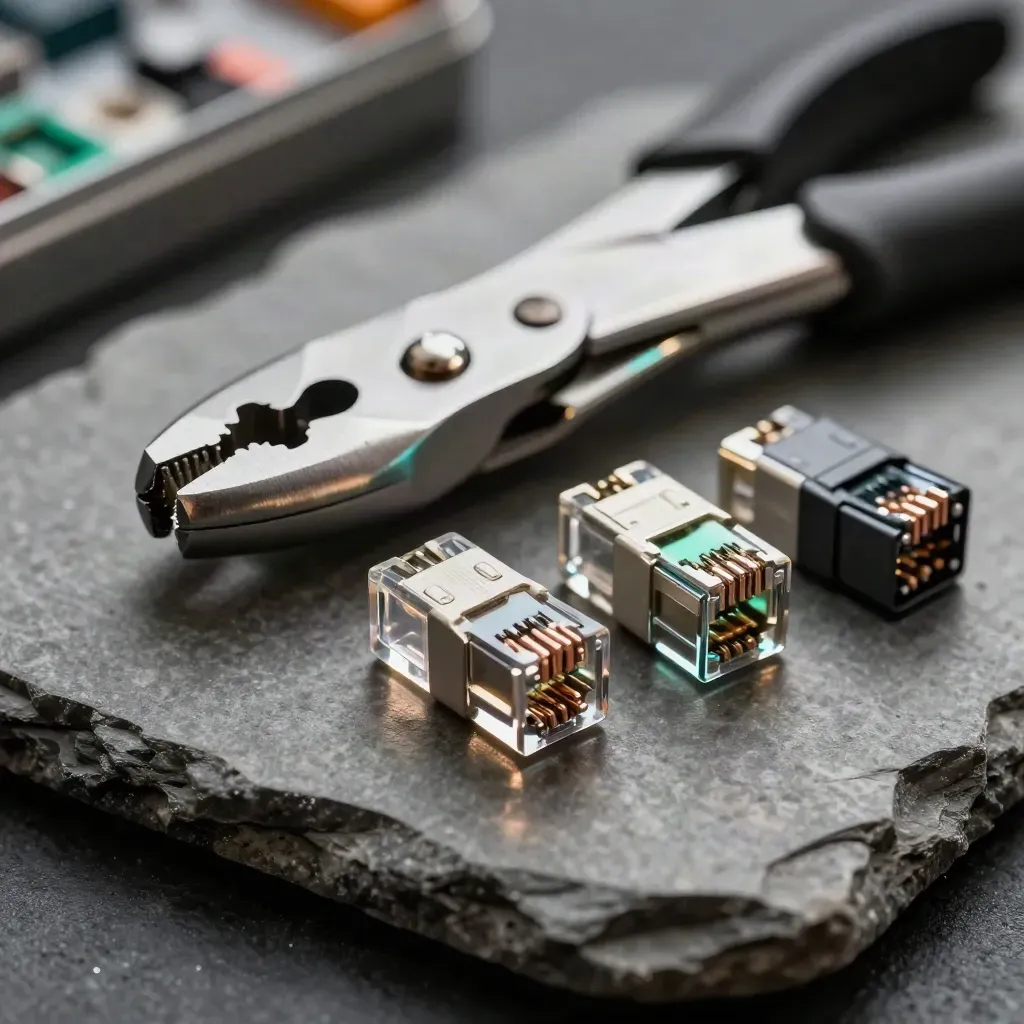 Macro still life of crimp tool, RJ45 connectors, and cable clips on brushed stone