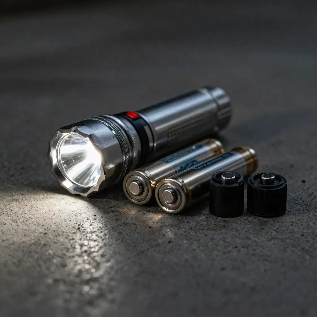 Flashlight, spare batteries, and sealed port blockers on dark concrete with hazy bokeh.