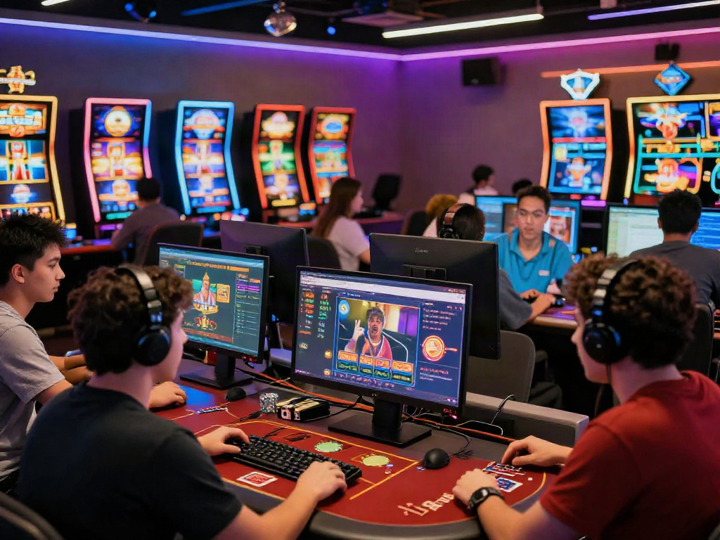 Exciting casino online gaming scene with players at computer screens, showcasing vibrant slots and live dealer interactions.