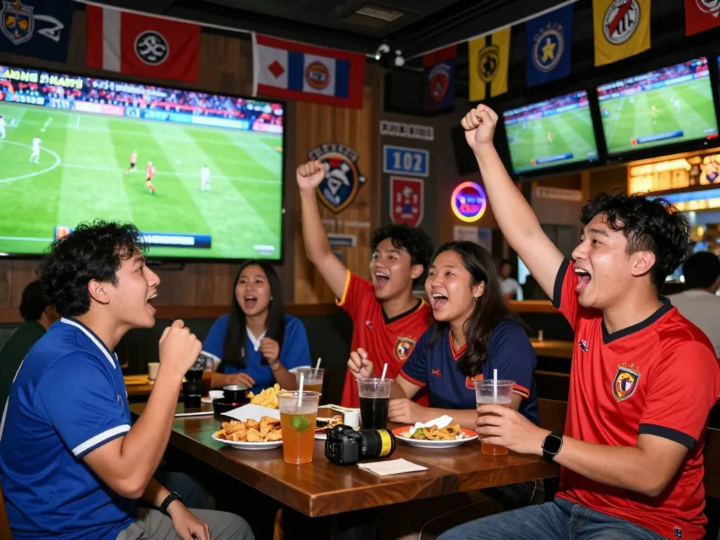 Excited fans watching live sports at Thể thao hubet88, celebrating with snacks and drinks in a lively sports bar.