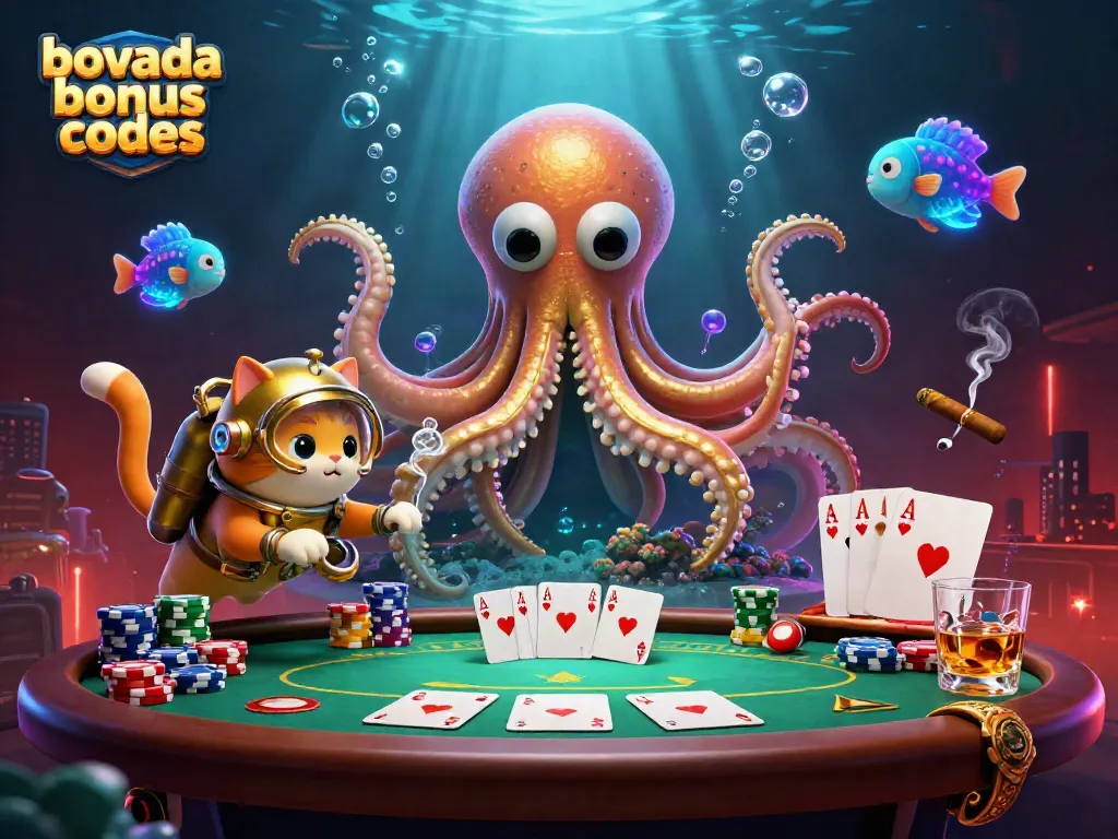 Engaging scene with Bovada bonus codes highlighting a kraken, vintage diver, and poker elements underwater.
