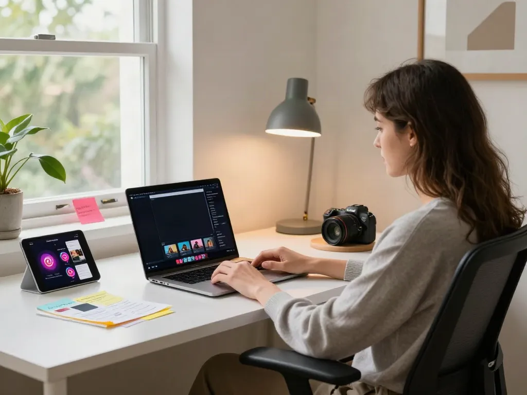 Professional workspace showcasing the use of insanony for Instagram story viewing and management.