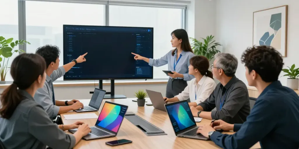 Team of IT professionals discussing Azure managed services in a modern office.