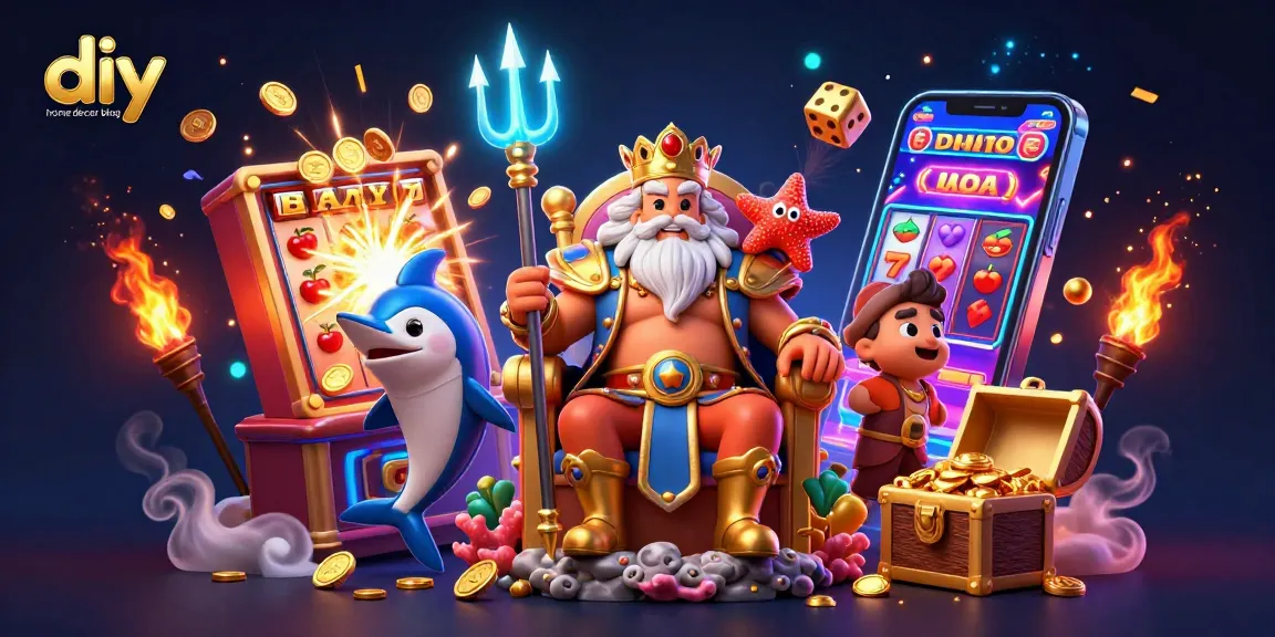 diy home décor blog showcasing a vibrant 3D casino scene with Neptune, jackpot slot machine bursting coins, and firework effects.