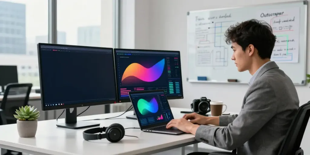 Data analyst using Outscraper on dual monitors in a modern office
