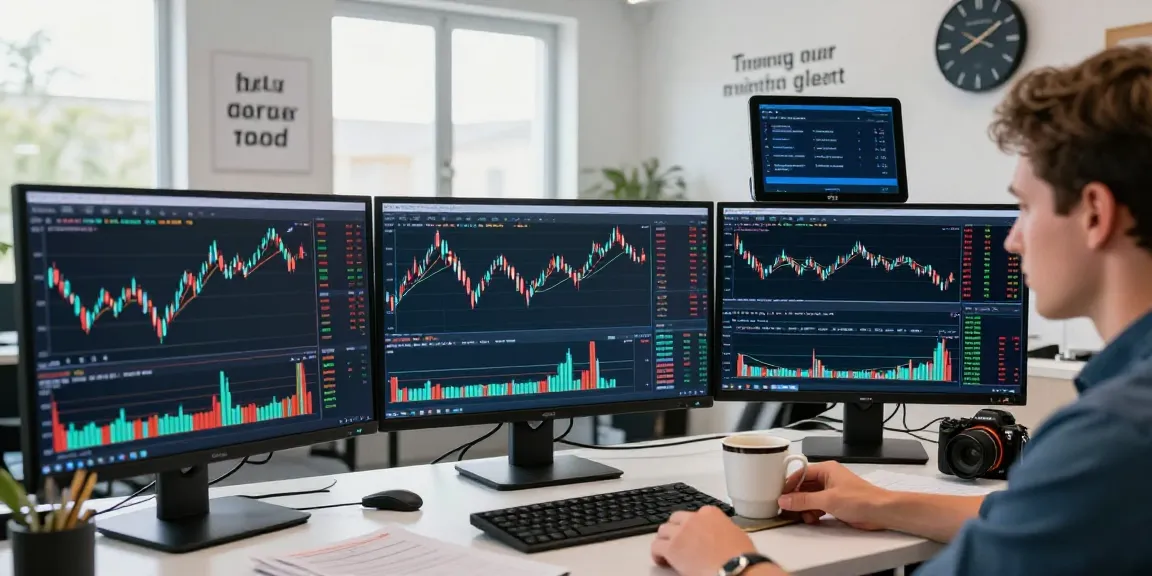 Trader analyzing mt5 charts in a modern office with dynamic data screens and market alerts.