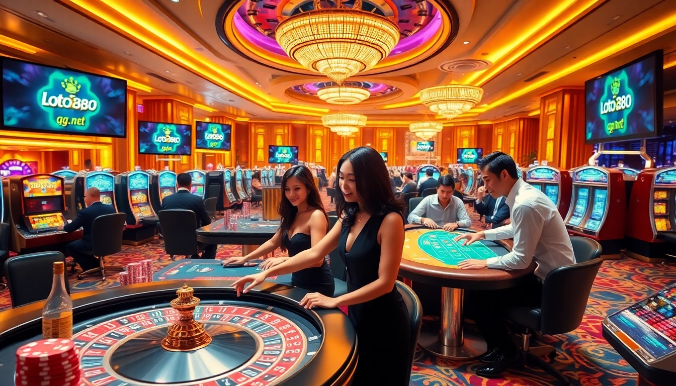 Exciting casino scene featuring players at loto188.gb.net with roulette and slot machines.