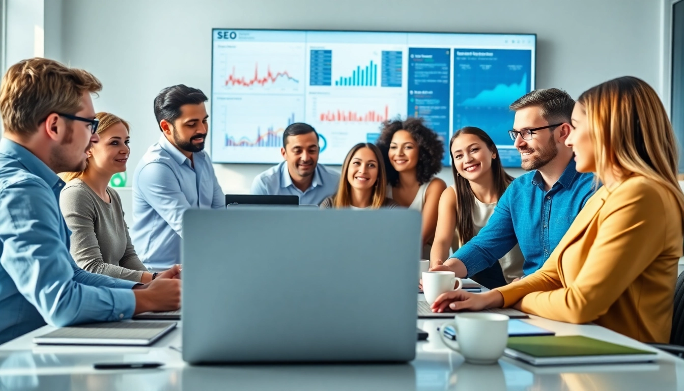 Team collaborating in a vibrant workspace to enhance SEO performance analytics.