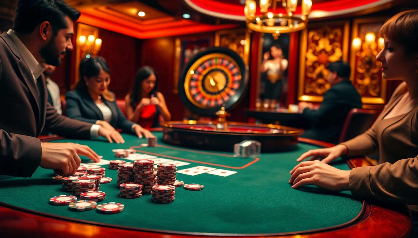 Vivez l'excitation au meilleurs casino en ligne avec des joueurs autour d'une table de poker élégante.