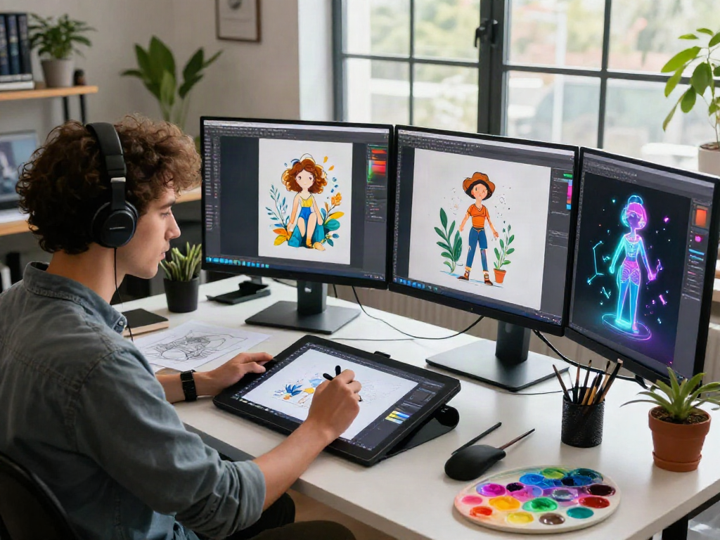 Innovative artist using nsfw ai in dynamic studio setting with digital creations and inspiring ambiance.