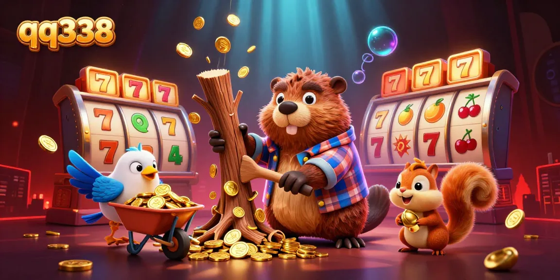 Play with qq338's thrilling slot games in this festive, dynamic illustration featuring a cartoon beaver and gold coins.