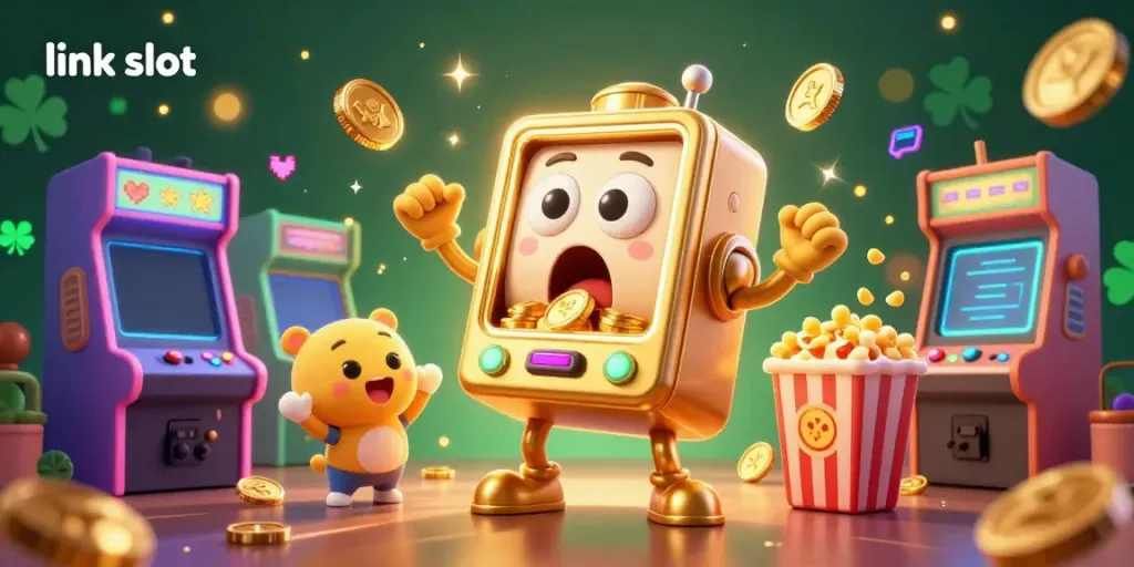 Link slot yang mengagumkan dengan mesin slot 3D dan uang koin mengalir, sambil merayakan kemenangan.