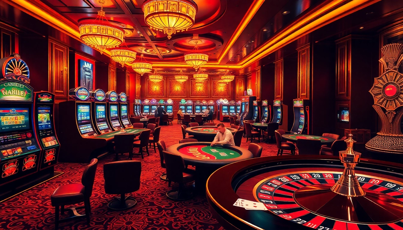 Scène de jeu à enjeux élevés captivante aux meilleurs casino en ligne avec des tables de poker et des roues de roulette.
