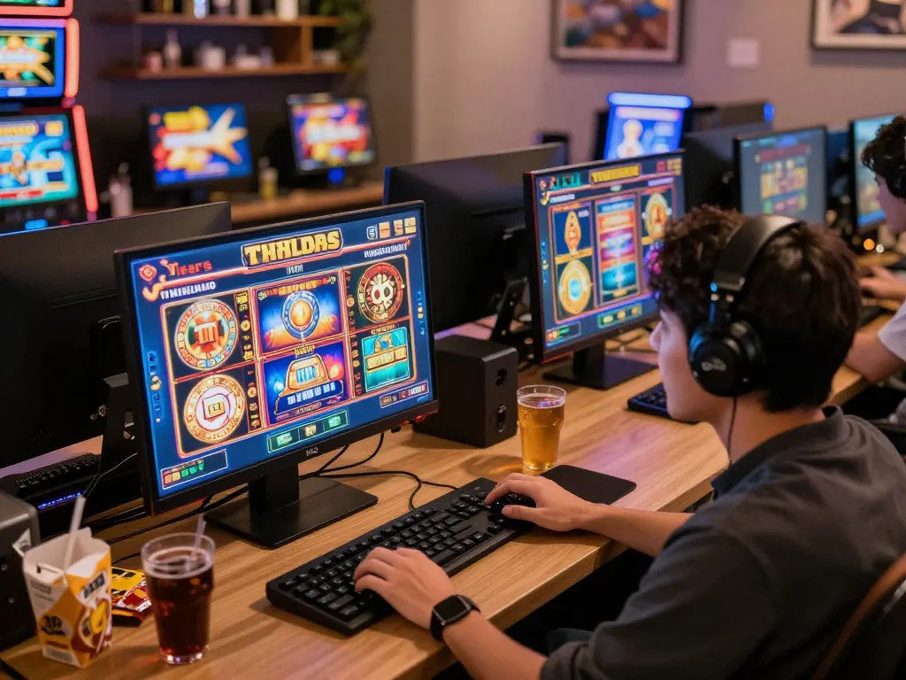 Playing slot thailand on a computer screen in a cozy home setting, showcasing excitement and strategic gameplay.