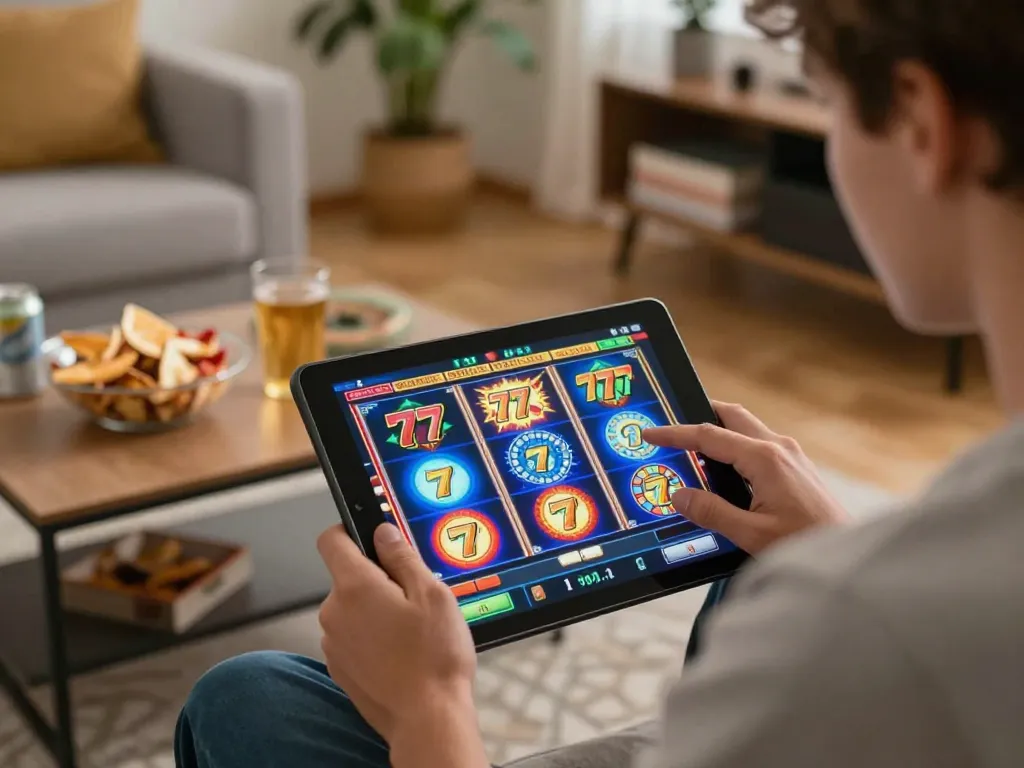 Engaging player enjoying a slot77 gaming session on tablet at home, showcasing casual online gaming