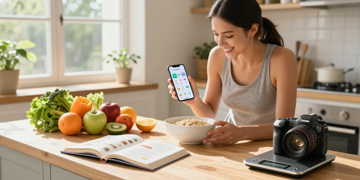 Healthy breakfast preparation with Welling AI food tracker, showcasing the best nutrition app in a bright kitchen.