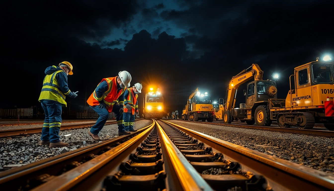 Emergency RailroadRepair crew conducting urgent repairs on damaged railroad tracks at night.