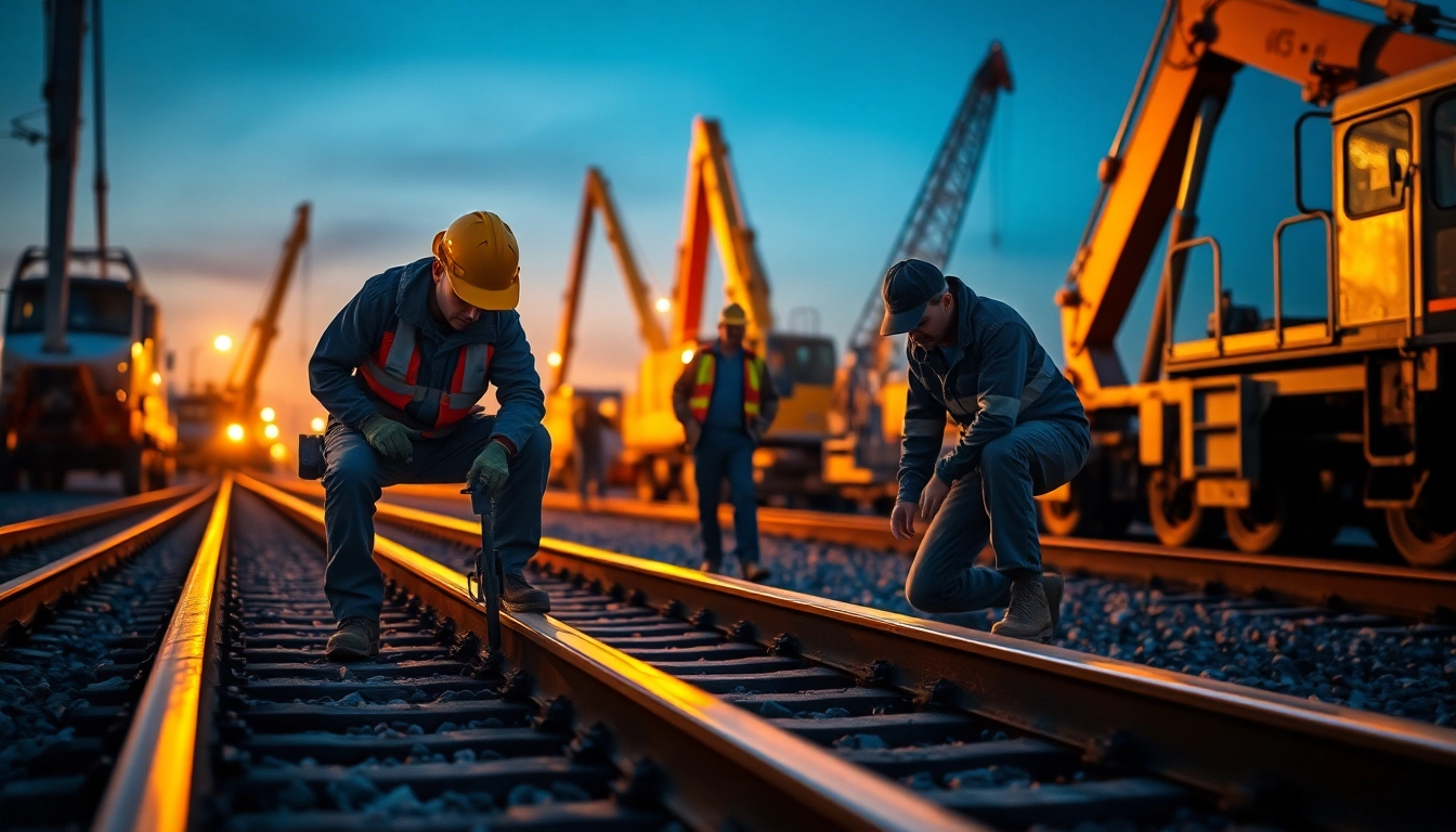 Emergency RailroadRepair team efficiently fixing tracks at dusk with heavy machinery in action.