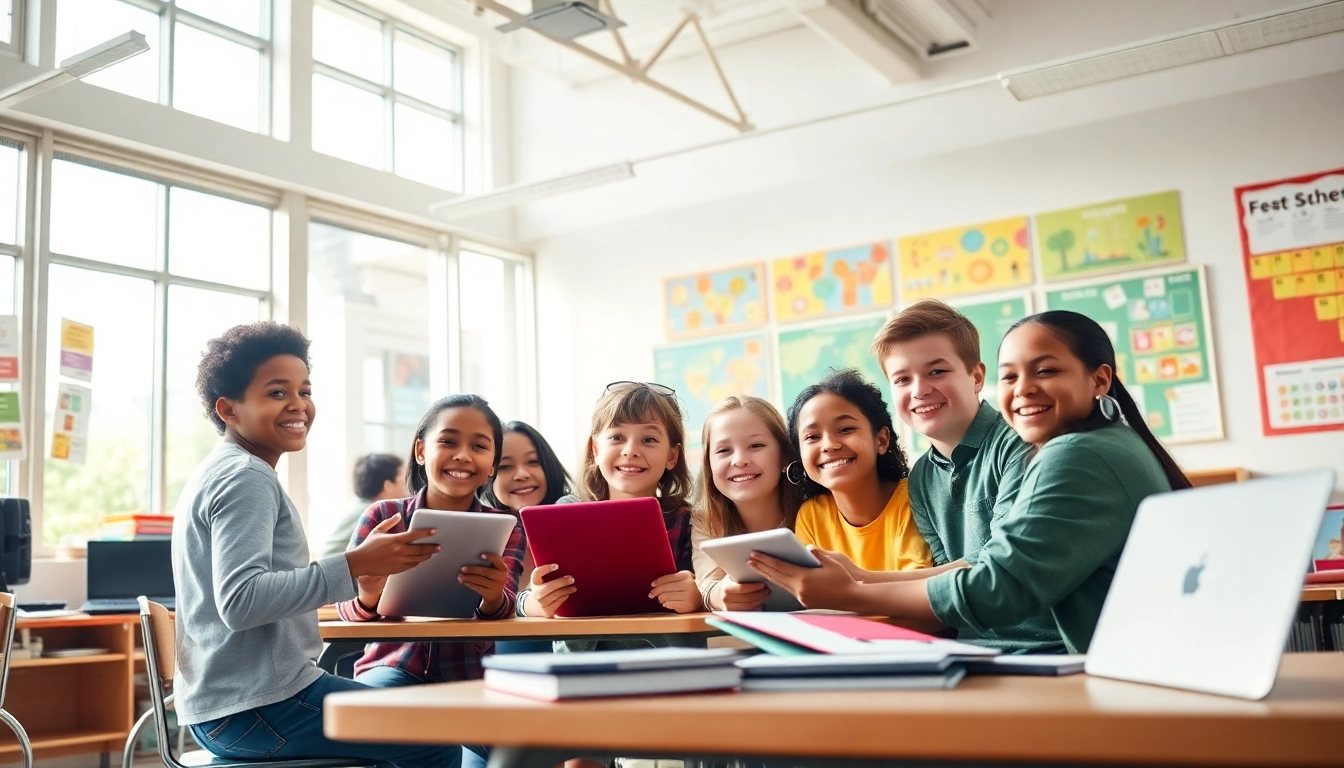 Education-focused classroom scene with diverse students collaborating.