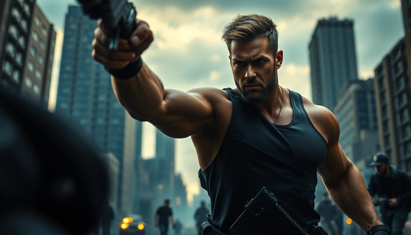 Heroic figure poised for action in urban setting, conveying themes better than Jack Reacher.