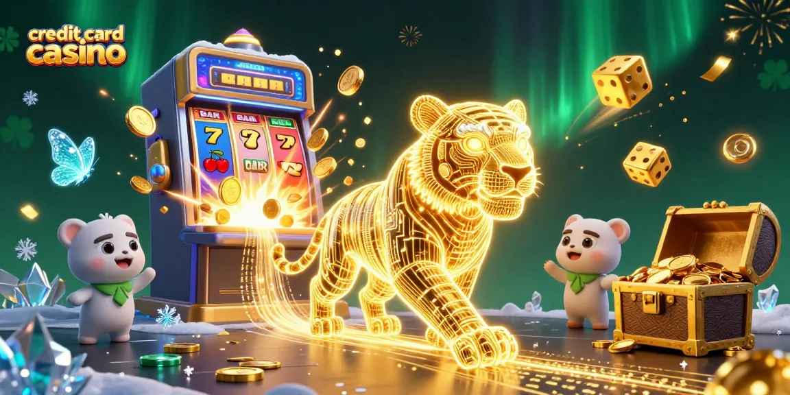Experience the thrill of a credit card casino with vibrant graphics, featuring a neon tiger and dynamic slot elements.