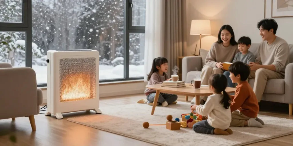Cozy living room with a ceramic heater providing warmth to a family gathering during winter.